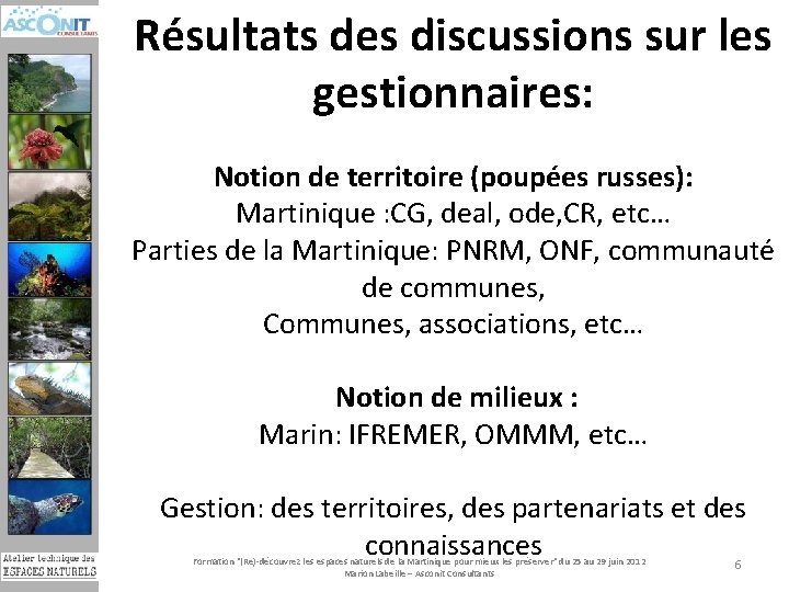 Résultats des discussions sur les gestionnaires: Notion de territoire (poupées russes): Martinique : CG,