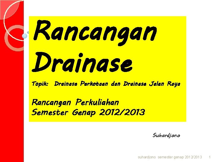 Rancangan Drainase Topik: Drainase Perkotaan dan Drainase Jalan Raya Rancangan Perkuliahan Semester Genap 2012/2013