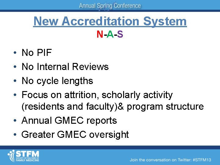 New Accreditation System N-A-S • • No PIF No Internal Reviews No cycle lengths