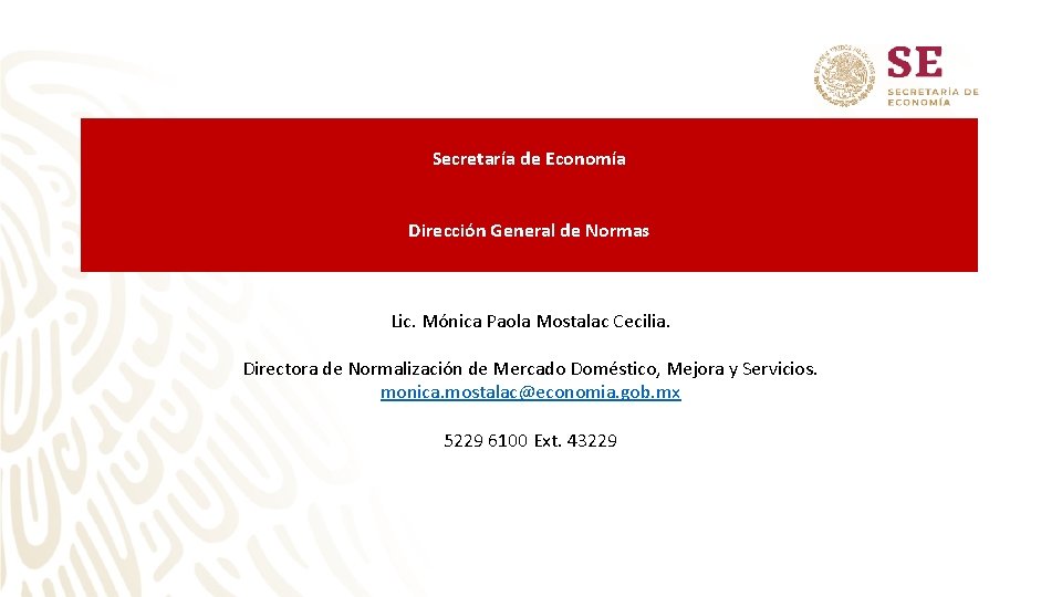 Secretaría de Economía Dirección General de Normas Lic. Mónica Paola Mostalac Cecilia. Directora de