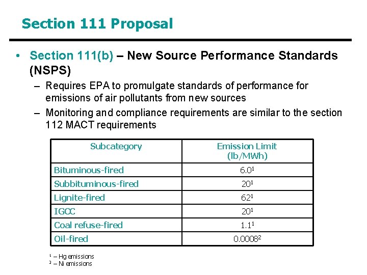 Section 111 Proposal • Section 111(b) – New Source Performance Standards (NSPS) – Requires Section 111 Proposal • Section 111(b) – New Source Performance Standards (NSPS) – Requires