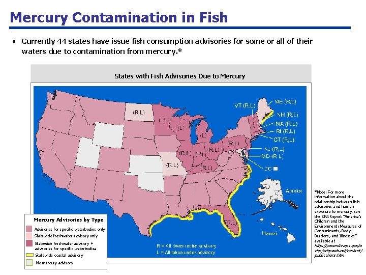 Mercury Contamination in Fish • Currently 44 states have issue fish consumption advisories for Mercury Contamination in Fish • Currently 44 states have issue fish consumption advisories for