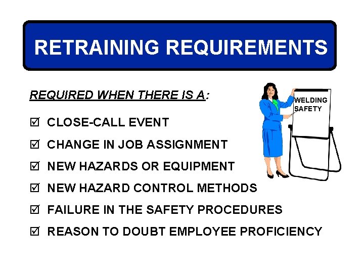 RETRAINING REQUIREMENTS REQUIRED WHEN THERE IS A: WELDING SAFETY þ CLOSE-CALL EVENT þ CHANGE