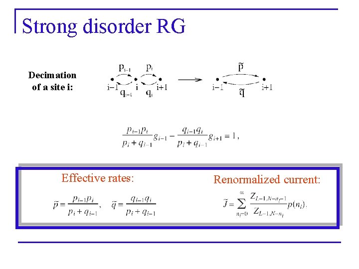 Strong disorder RG Decimation of a site i: Effective rates: Renormalized current: 