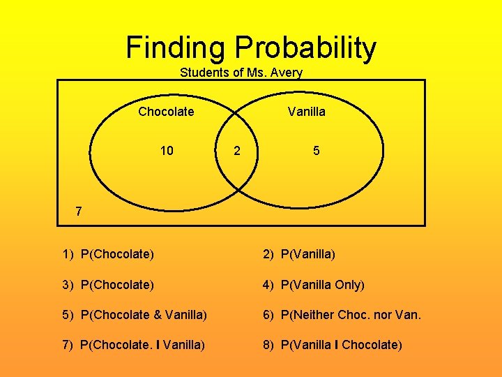 Finding Probability Students of Ms. Avery Chocolate 10 Vanilla 2 5 7 1) P(Chocolate)