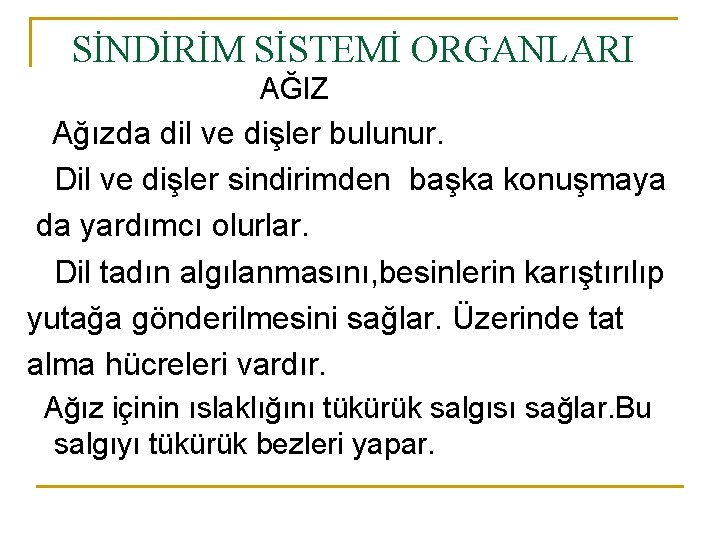 SİNDİRİM SİSTEMİ ORGANLARI AĞIZ Ağızda dil ve dişler bulunur. Dil ve dişler sindirimden başka