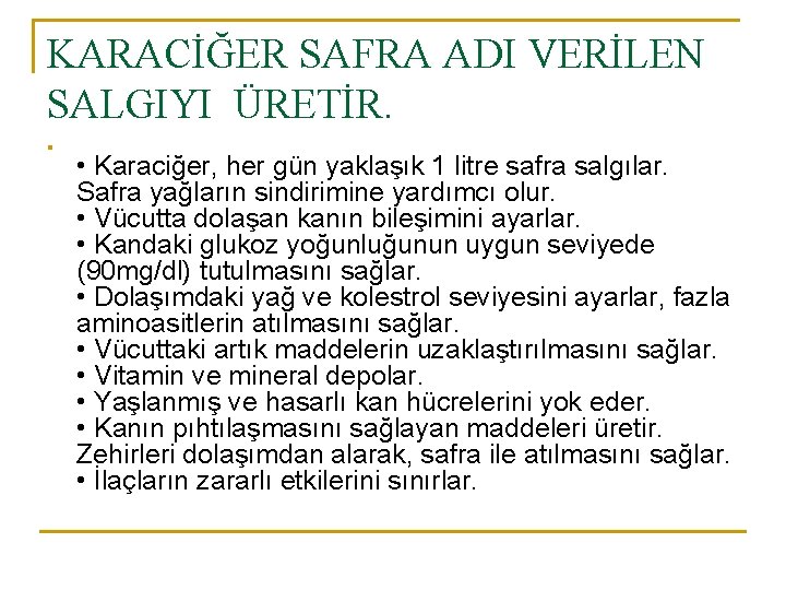 KARACİĞER SAFRA ADI VERİLEN SALGIYI ÜRETİR. n • Karaciğer, her gün yaklaşık 1 litre