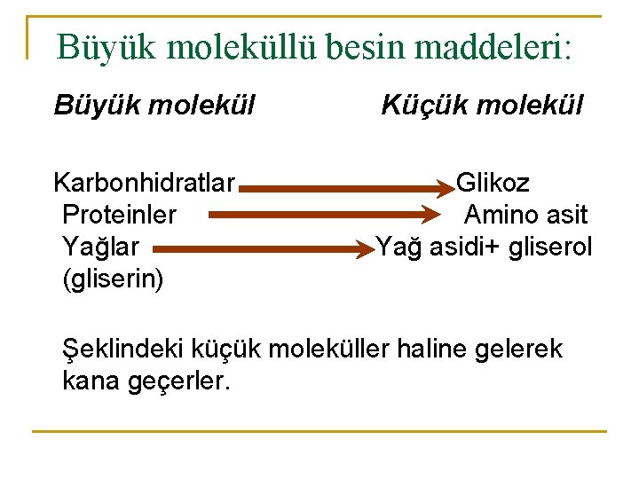 Büyük moleküllü besin maddeleri: Büyük molekül Küçük molekül Karbonhidratlar Proteinler Yağlar (gliserin) Glikoz Amino