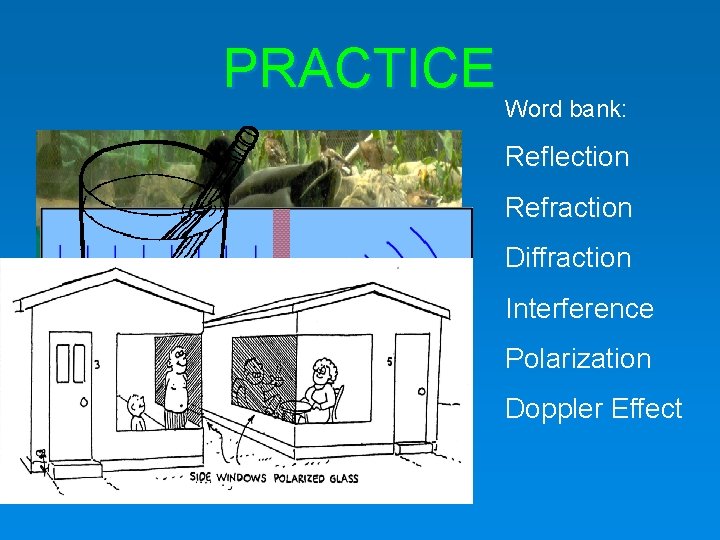 PRACTICE Word bank: Reflection Refraction Diffraction Interference Polarization Doppler Effect 