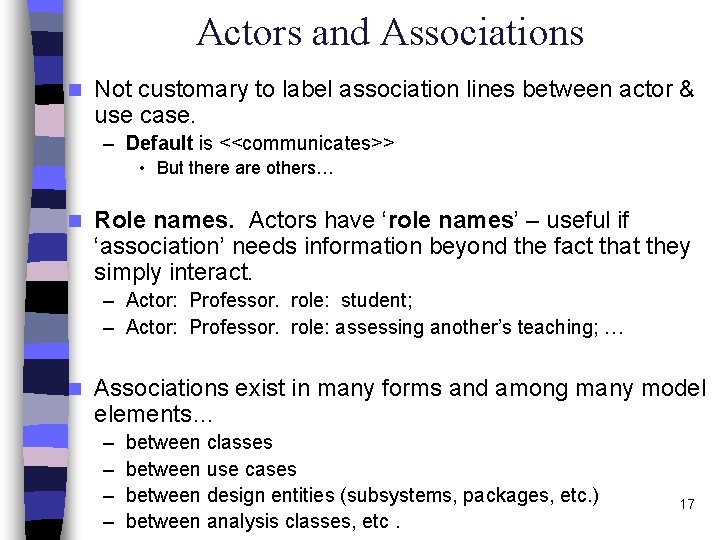 Actors and Associations n Not customary to label association lines between actor & use