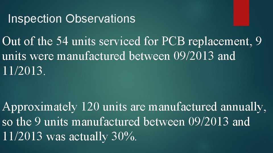 Inspection Observations Out of the 54 units serviced for PCB replacement, 9 units were