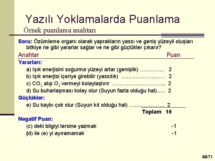 Yazılı Yoklamalarda Puanlama Örnek puanlama anahtarı Soru: Özümleme organı olarak yaprakların yassı ve geniş