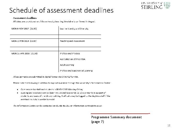 Schedule of assessment deadlines Programme Summary document (page 7) 12 