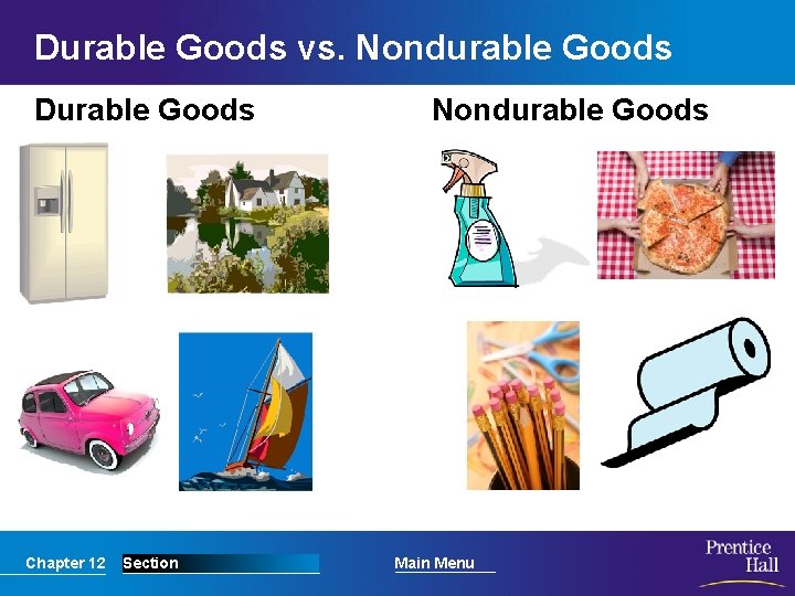 Durable Goods vs. Nondurable Goods Durable Goods Chapter 12 Section Nondurable Goods Main Menu