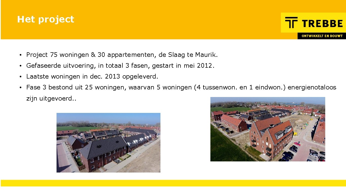 Het project • Project 75 woningen & 30 appartementen, de Slaag te Maurik. •