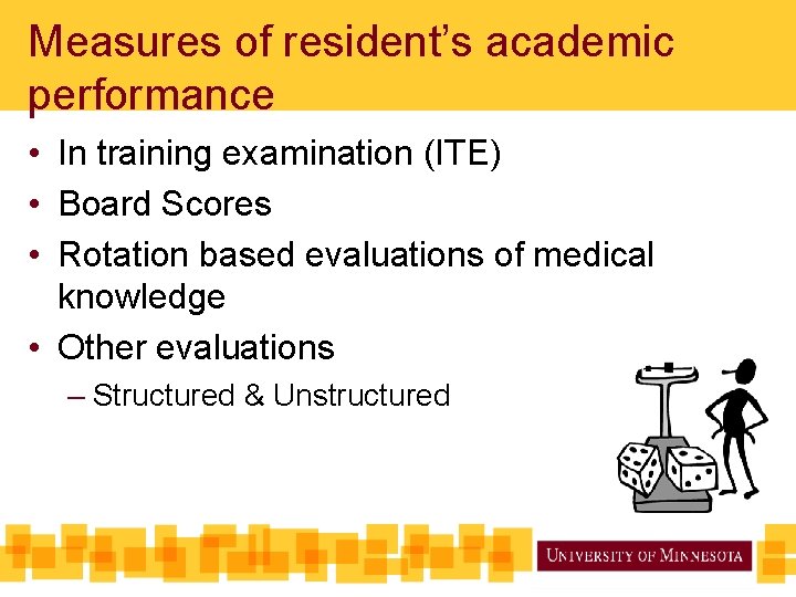 Measures of resident’s academic performance • In training examination (ITE) • Board Scores •