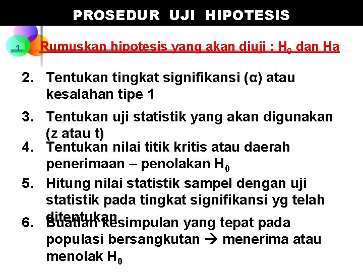 PROSEDUR UJI HIPOTESIS 1. Rumuskan hipotesis yang akan diuji : H 0 dan Ha PROSEDUR UJI HIPOTESIS 1. Rumuskan hipotesis yang akan diuji : H 0 dan Ha