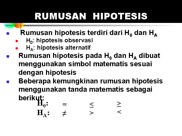 RUMUSAN HIPOTESIS Rumusan hipotesis terdiri dari H 0 dan HA n n n H RUMUSAN HIPOTESIS Rumusan hipotesis terdiri dari H 0 dan HA n n n H