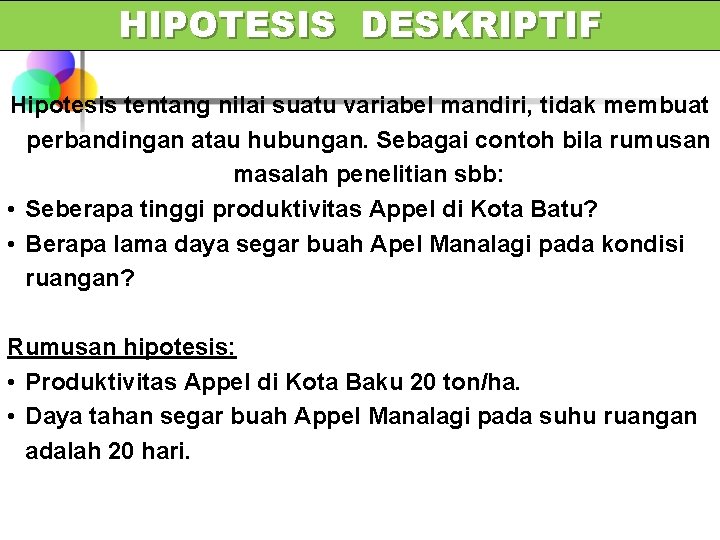 HIPOTESIS DESKRIPTIF Hipotesis tentang nilai suatu variabel mandiri, tidak membuat perbandingan atau hubungan. Sebagai HIPOTESIS DESKRIPTIF Hipotesis tentang nilai suatu variabel mandiri, tidak membuat perbandingan atau hubungan. Sebagai