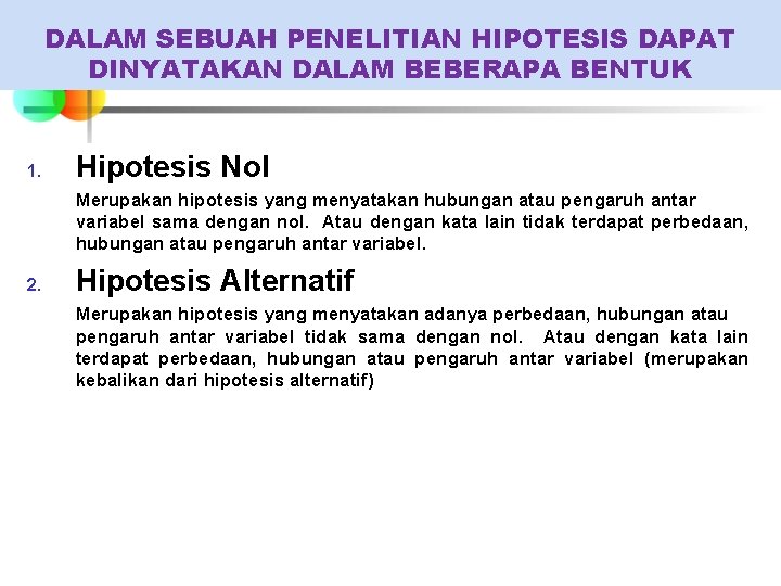 DALAM SEBUAH PENELITIAN HIPOTESIS DAPAT DINYATAKAN DALAM BEBERAPA BENTUK 1. Hipotesis Nol Merupakan hipotesis DALAM SEBUAH PENELITIAN HIPOTESIS DAPAT DINYATAKAN DALAM BEBERAPA BENTUK 1. Hipotesis Nol Merupakan hipotesis
