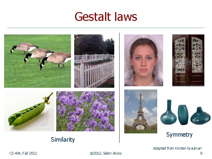 Gestalt laws Symmetry Similarity CS 484, Fall 2012 © 2012, Selim Aksoy Adapted from