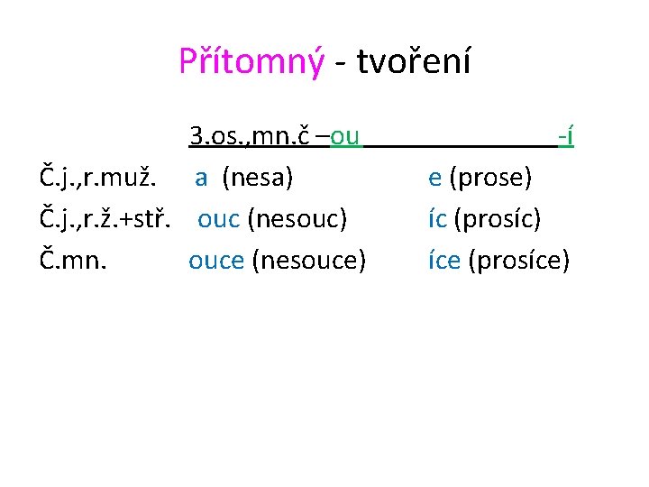 Přítomný - tvoření 3. os. , mn. č –ou Č. j. , r. muž.