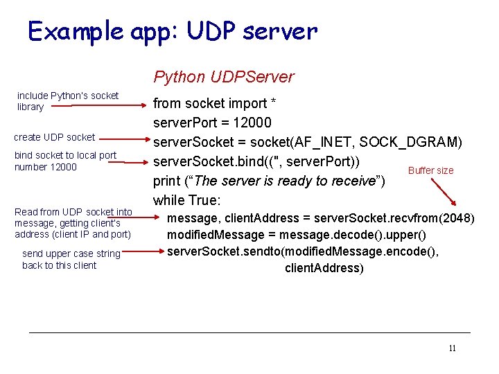 Example app: UDP server Python UDPServer include Python’s socket library create UDP socket bind Example app: UDP server Python UDPServer include Python’s socket library create UDP socket bind