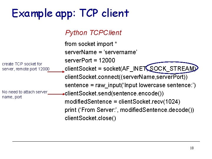 Example app: TCP client Python TCPClient create TCP socket for server, remote port 12000 Example app: TCP client Python TCPClient create TCP socket for server, remote port 12000