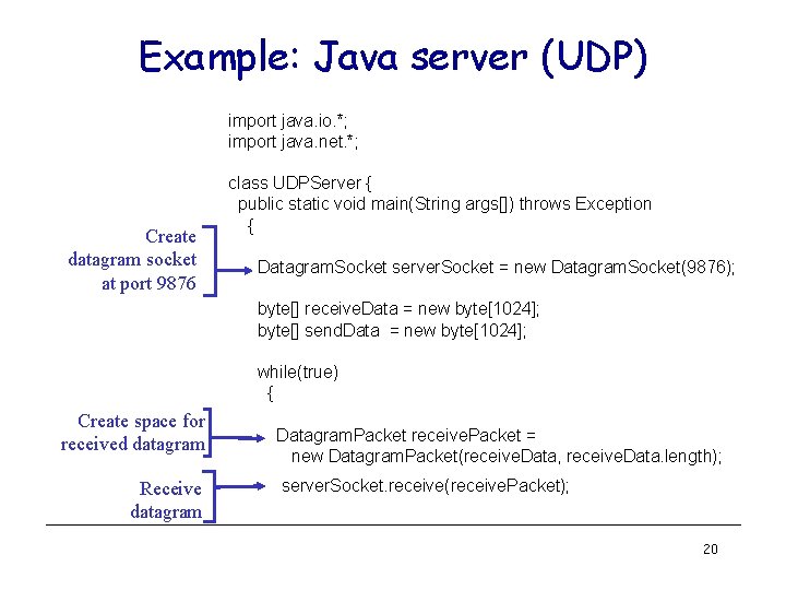 Example: Java server (UDP) import java. io. *; import java. net. *; Create datagram Example: Java server (UDP) import java. io. *; import java. net. *; Create datagram