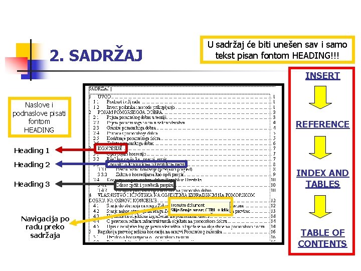 2. SADRŽAJ U sadržaj će biti unešen sav i samo tekst pisan fontom HEADING!!!