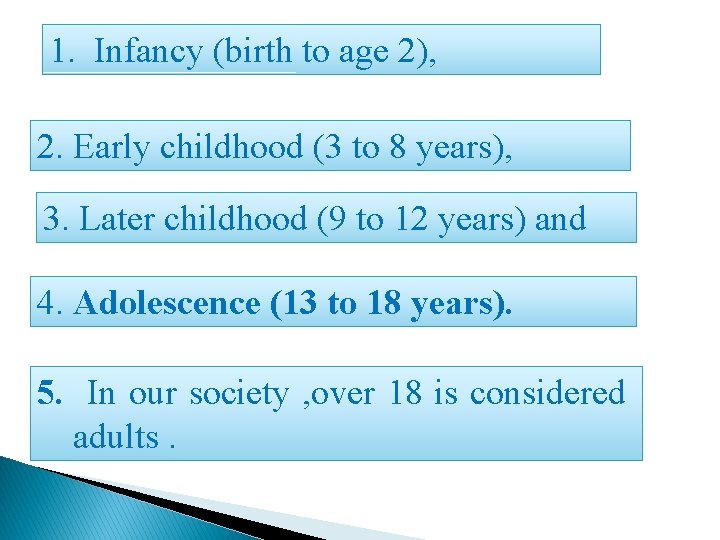 1. Infancy (birth to age 2), 2. Early childhood (3 to 8 years), 3.
