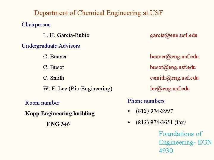 Department of Chemical Engineering at USF Chairperson L. H. Garcia-Rubio garcia@eng. usf. edu Undergraduate