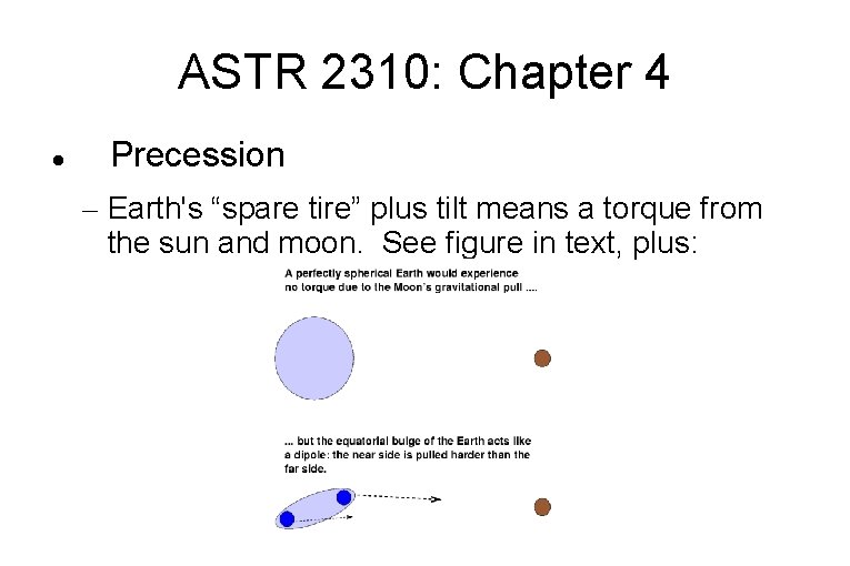 ASTR 2310: Chapter 4 Precession – Earth's “spare tire” plus tilt means a torque