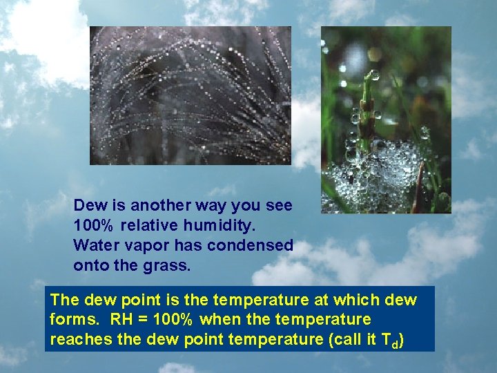 Dew is another way you see 100% relative humidity. Water vapor has condensed onto