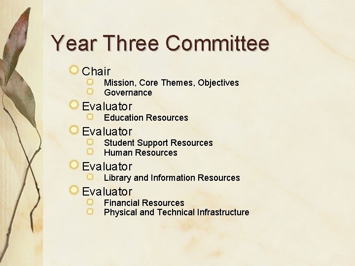 Year Three Committee Chair Mission, Core Themes, Objectives Governance Evaluator Education Resources Evaluator Student