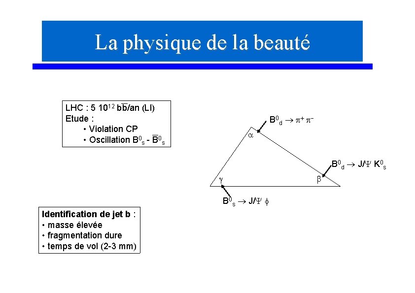 La physique de la beauté LHC : 5 1012 bb/an (LI) Etude : •