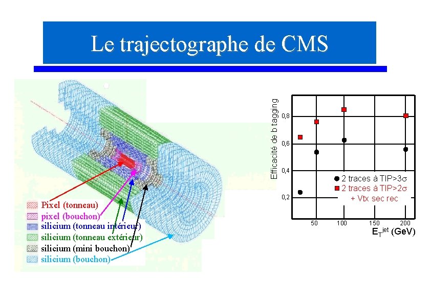 Efficacité de b tagging Le trajectographe de CMS Pixel (tonneau) pixel (bouchon) silicium (tonneau