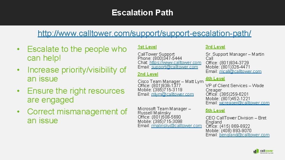 Escalation Path http: //www. calltower. com/support-escalation-path/ • Escalate to the people who can help!