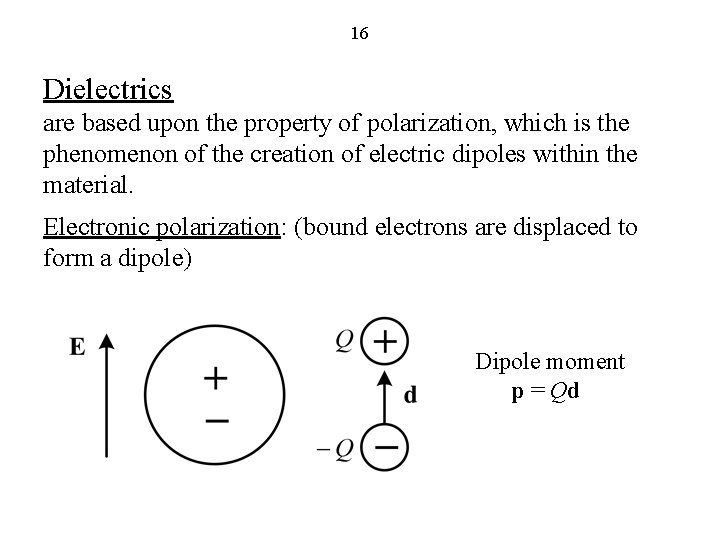 16 Dielectrics are based upon the property of polarization, which is the phenomenon of