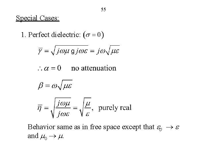 55 Special Cases: 1. Perfect dielectric: Behavior same as in free space except that