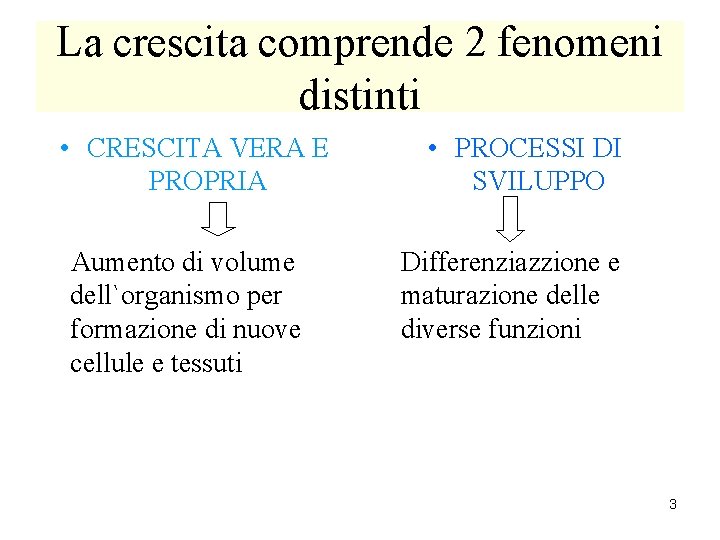 La crescita comprende 2 fenomeni distinti • CRESCITA VERA E PROPRIA Aumento di volume