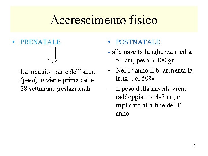 Accrescimento fisico • PRENATALE La maggior parte dell`accr. (peso) avviene prima delle 28 settimane