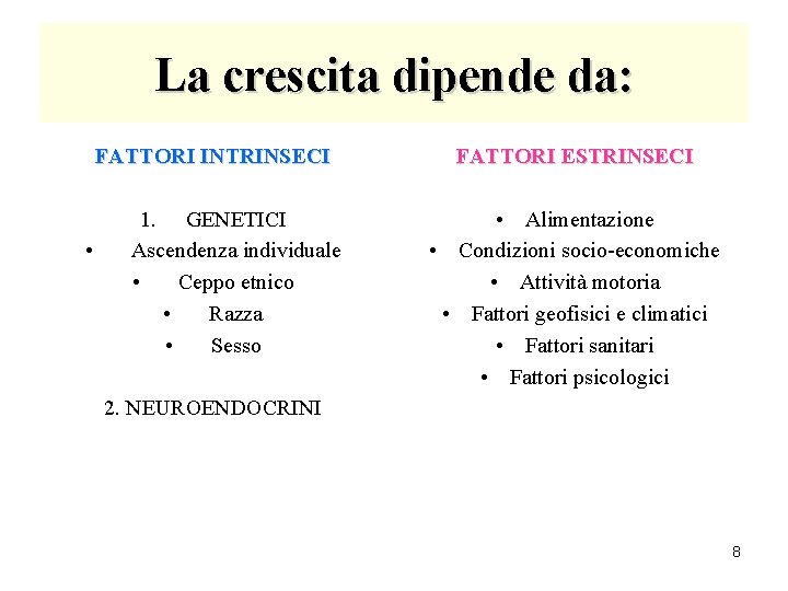 La crescita dipende da: FATTORI INTRINSECI • 1. GENETICI Ascendenza individuale • Ceppo etnico