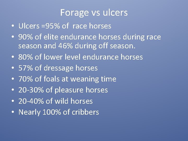 Forage vs ulcers • Ulcers =95% of race horses • 90% of elite endurance