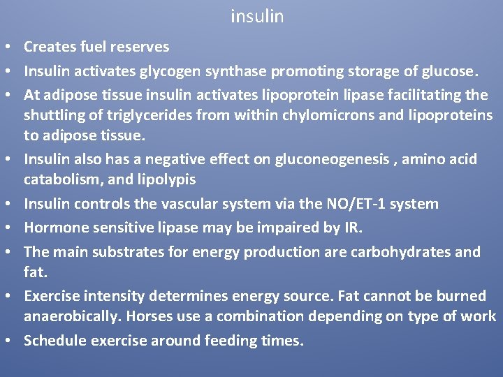 insulin • Creates fuel reserves • Insulin activates glycogen synthase promoting storage of glucose. insulin • Creates fuel reserves • Insulin activates glycogen synthase promoting storage of glucose.