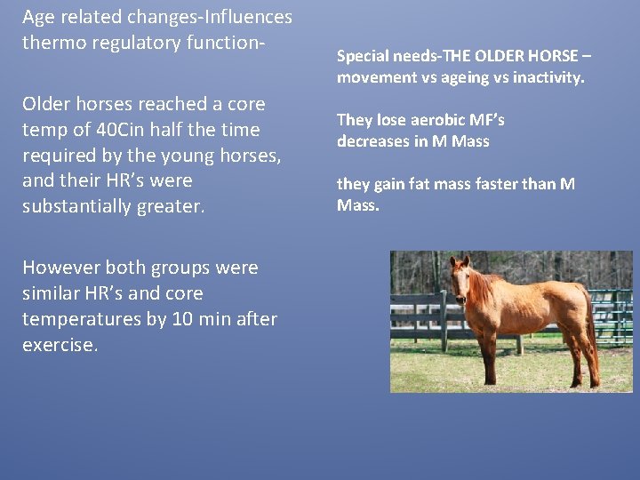 Age related changes-Influences thermo regulatory function. Older horses reached a core temp of 40