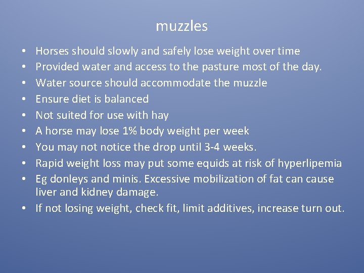 muzzles Horses should slowly and safely lose weight over time Provided water and access