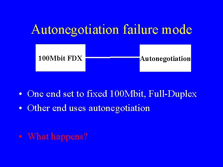 Autonegotiation failure mode 100 Mbit FDX Autonegotiation • One end set to fixed 100