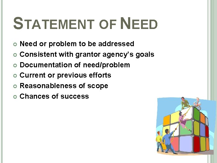 STATEMENT OF NEED Need or problem to be addressed Consistent with grantor agency’s goals