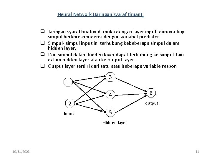 Neural Network (Jaringan syaraf tiruan) q Jaringan syaraf buatan di mulai dengan layer input,